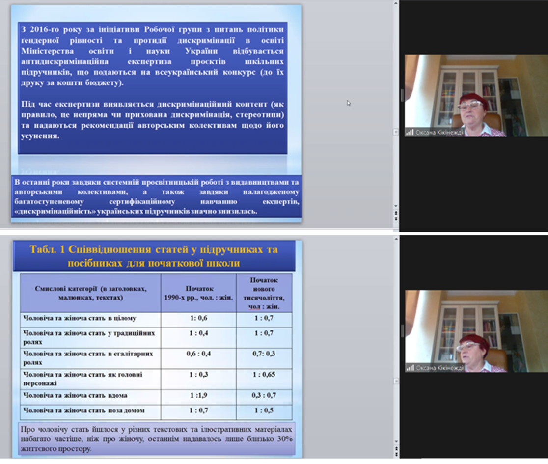 Професорка Оксана Кікінежді обгрунтовує необхідність проведення ґендерної експертизи підручників як складової антидискримінаційної та презентує результати власних досліджень